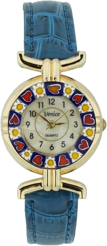 Glass Of Venice Murano Glass Millefiori Watch with Leather Band - Blue