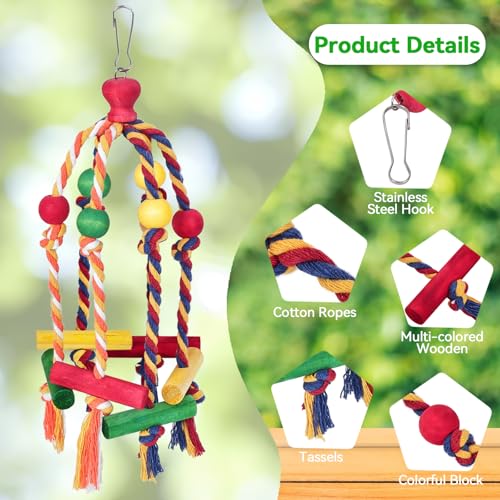 2PCS Dangly Rope Bird Toys,Medium and Small Birds Toys Multicolored Natural Wooden Bird Chewing Bird Cage Accessories for Parakeet Parrot Conure Cockatiel Budgies Lovebird Cage Toy - Image 4