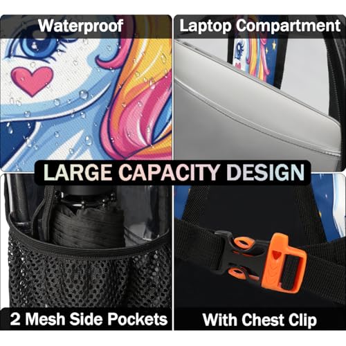 Cute Unicorn Clear Backpack for Stadium Events, Cartoon Unicorn Waterproof Clear Bag for Women Men Adult Sport Work Daily Music Festival and Concerts3