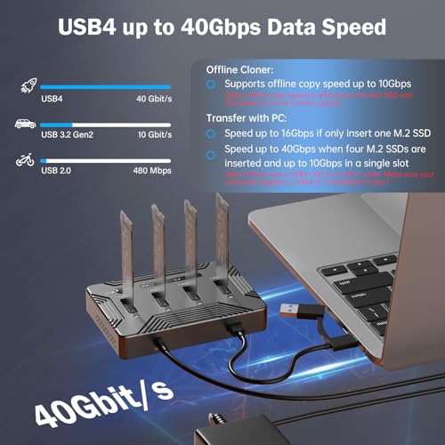 AMZPILOT 4 Bays M.2 NVMe Duplicator Offline Cloner USB 4 Type C to SSD Docking Station, 40Gbps M.2 Copy Reader for (M Key, B+M Key) PCIE Dock, Size for 22110 2280 2260 2242 2230 Enclosure - Pilot C4C