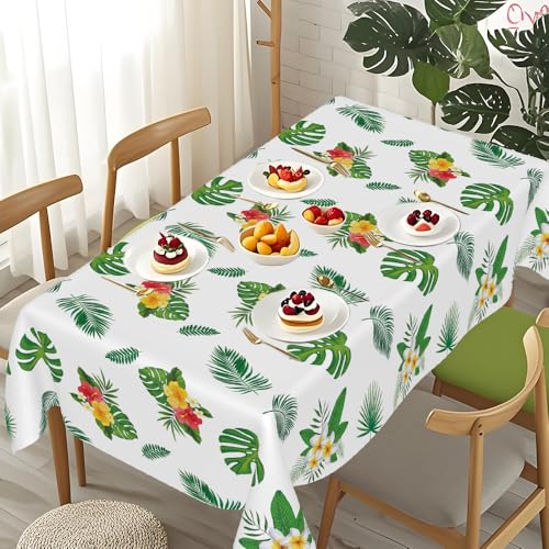 Image of Hawaiian Luau Tablecloths, Tropical Jungle Palm Tablecloth, 2 PCS 54 x 108 Inch Hawaii Leaf Disposable Plastic Rectangular Tablecover for Hawaiian Luau Birthday Summer Beach Party Decorations Supplies