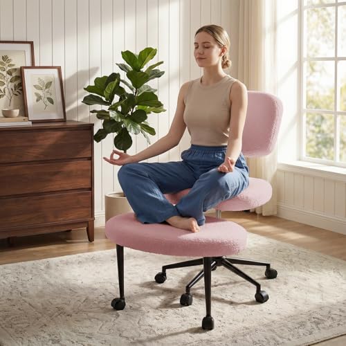 Image of VITESSE Cross-Legged Ergonomic Chair 360 Swivel with Wheels, Adjustable Meditation Seat for ADHD, Lumbar Support, Teddy Fabric Home Office Chair,Pink