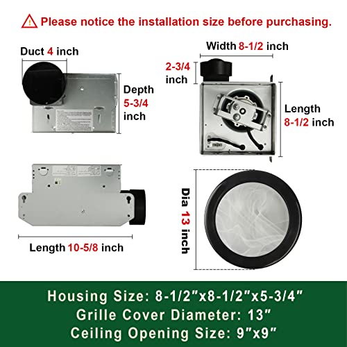 Image of Akicon Ultra Quiet Bathroom Exhaust Fan with LED Light 80CFM 2.0 Sones Round Bathroom Ventilation Fan with Frosted Glass Cover Matte Black Finish (Matte Black)