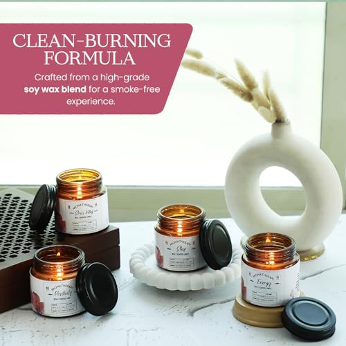 Image of D'Velas Set of 4 Aromatherapy Scented Candles in Amber Jars (60g Each) | Cozy Fragrances for Small Spaces | Clean-Burning Soy Wax | 15-Hour Burn Time | Ideal for Gifting & Home Decor