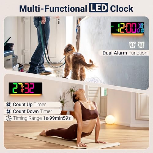 Image of 16.5 inch Large Digital Wall Clock: 11 RGB Color LED Display with Remote Control, Auto DST, Temperature & Date, Big Number Wall Clock for Seniors, Classroom, Office, Gym, Home Decor Black