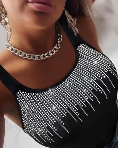 Women's Tank Tops Round Neck Rhinestone Decor Sleeveless Thick Strap Summer Sparkle Skinny Shirt Top4
