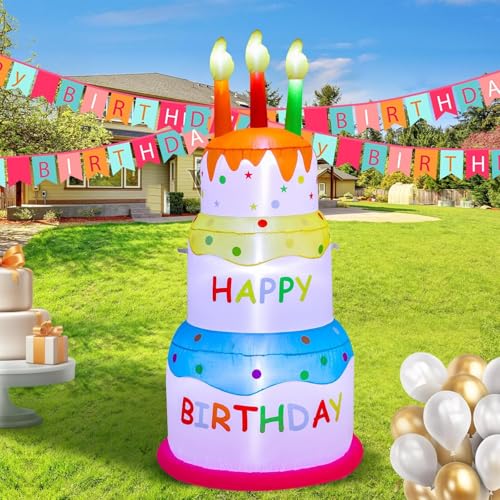 YEFOLAHK 6FT Happy Birthday Inflatable Cake with Candles Built-in LED Lights Blow Up Yard Decoration for Indoor Outdoor Garden Lawn Patio Party Holiday