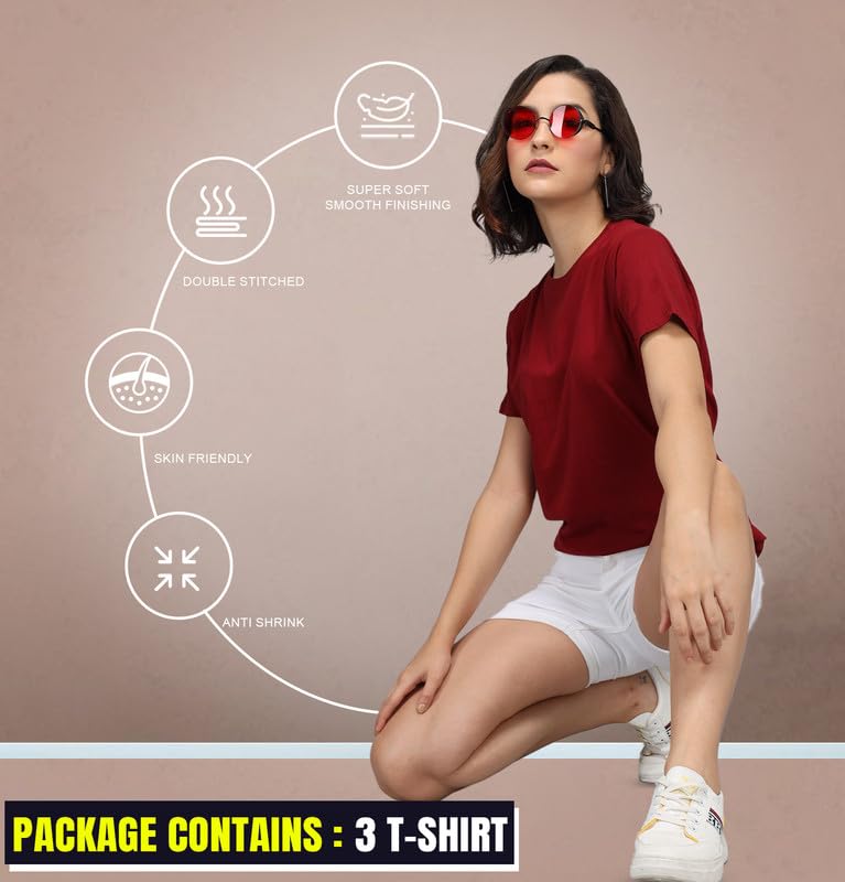Image of Sleepynuts Women's S to 3XL Premium Half Sleeve Round Neck Plain Combed Cotton Tshirt Pack of 3 Loose Fit T-Shirts Combo