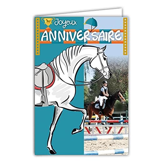 Afie 67-1227 - Tarjeta de felicitación de cumpleaños, diseño de caballos y animales Cavalier, equitación, salto obstáculos, campeón, con sobre blanco, 12 x 17,5 cm