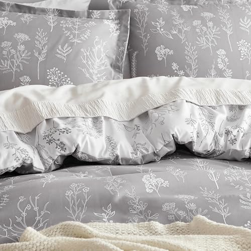 Image of Bedsure Oversized Queen Comforter Set - Light Grey Bed Set, 3 Pieces Cute Floral Bedding, 1 Soft Reversible Botanical Flowers Comforter and 2 Pillow Shams