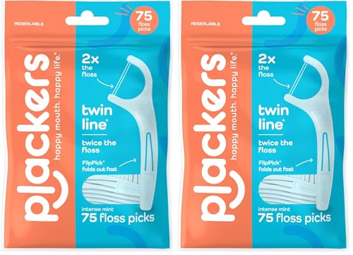 Image of Plackers Twin Line Dental Floss Picks, Dual-Line Tuffloss, Easy Storage, Cool Mint Flavor, 75 Count, (Pack of 2)