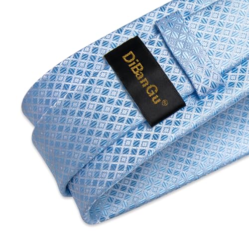 Image of DiBanGu Mens Silk Plaid Tie and Pocket Square Set | Elegant Silk Formal Tie Set, Woven Check Necktie and Cufflinks Tie Clip Set, Perfect for Wedding Party, Comes in Gift Box