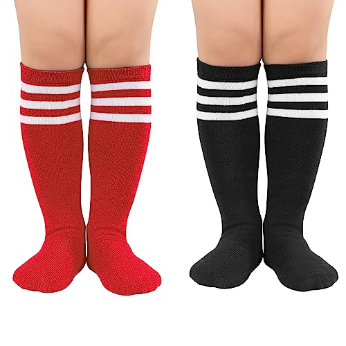 Zando Kids Knee High Long Tube Cotton Socks for Soccer Baseball School Uniform Toddler Stockings Boys Girls Socks 6-9 Years Red White/Black White