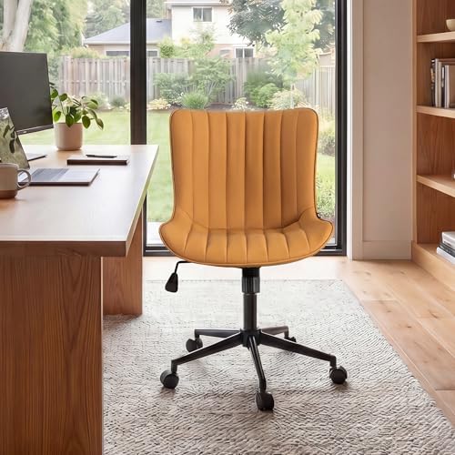 Image of YOUNIKE Office Desk Chair with Wheels Armless Vanity Chair Modern Tan | Faux Leather Upholstered with Rocking Back, Swivel Height Adjustable Small Cute Computer Rolling Task Chair Ergonomic 300lb