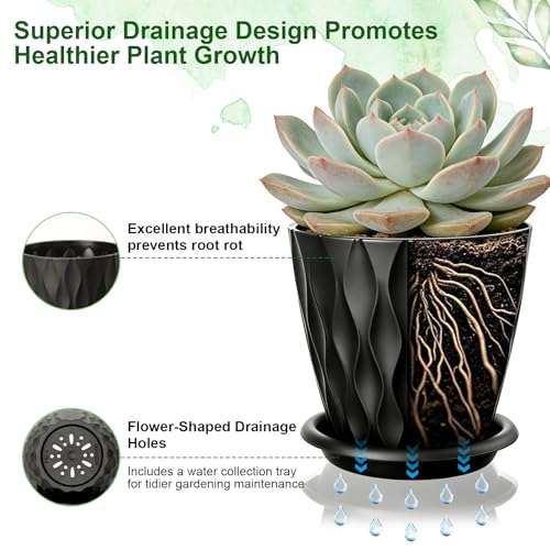 Romon Pot de Fleur Interieur, Set de 6 Pots en Plastique avec Soucoupe, Ouverture du Pot Diamètre 10cm, Jardinieres en PP, Adapté pour La Cuisine, Le Balcon, Les Plantes de Jardin et Bureau, Noir – Image 4