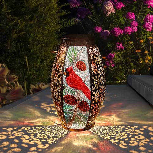 Solar Lanterns Outdoor Hanging Light Cardinal LED Glass Light Waterproof Hollowed-Out Metal Decor Garden Yard Patio Gifts Table Pathway Holiday for Women Mom