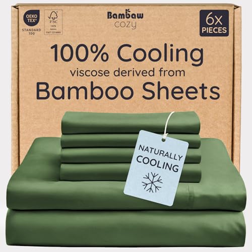 Bambaw 100% Viscose Derived from Bamboo Queen Sheet Set 6 Piece, Queen Size Cooling Sheets for Hot Sleepers, Super Soft Sheets, Deep Pockets Fits Up to 16'' Mattresses (Olive) by Bambaw - Used condition - CA$143.96