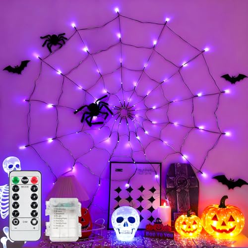 Spider Web Lights 4FT 70LED 8 Modes Battery Remote Waterproof Indoor Outdoor Yard Party Decor(Purple)