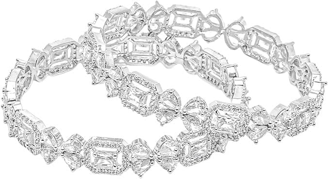 DENICRAAS Silver Plated Emerald Cubic Zirconia Beautiful And Stylish Leaf Diamond Bangles For Women & Girls