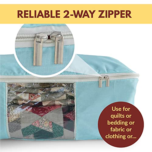 Madam Sew Large Quilt Storage Bag With 2-Way Zipper & See-Through Front Panel | Store And Protect Quilts, Blankets, Clothes & Fabrics | 2 Handles For Easy Carrying & Moving | 22”X15”X8” | Turquoise #TOP4