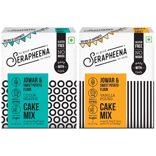 Serapheena Vanilla Cake Mix, 375g and Chocolate Cake Mix, 400g Big Box of Happiness | Jowar and Sweet Potato Flour, Gluten Free, No Maida, Quick and Easy to Make | Pack of 2