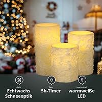 LED Universum - LED Kerze Elara 10cm, Echtwachskerze in Schneeoptik weiß, Flackereffekt, warmweißes Licht, 5h Timer, Batteriebetrieben 3x AAA (nicht inklusive) (Elara 10 cm) – Ansicht 6