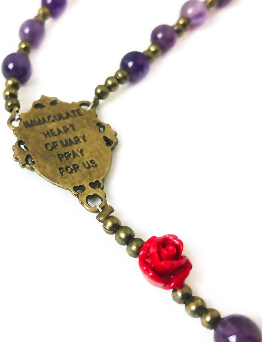 Immaculate Heart of Mary Purple Amethyst Stone and Red Rose Rosary and Bracelet Set - Catholic Rosary - Rosarios Catolicos - Catholic Gifts Women - Regalos Catolicos Para Mujer, Stone, Amethyst - Image 4