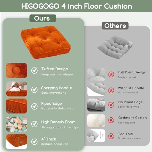 HIGOGOGO Large Floor Pillow Cushion for Adults, Meditation Cushion Pillow with Handle, Lustrous Chenille Tufted, Square Floor Sitting for Tatami Living Room or Yoga, 22x22 Inch, Orange by HIGOGOGO - Used condition - Image 3