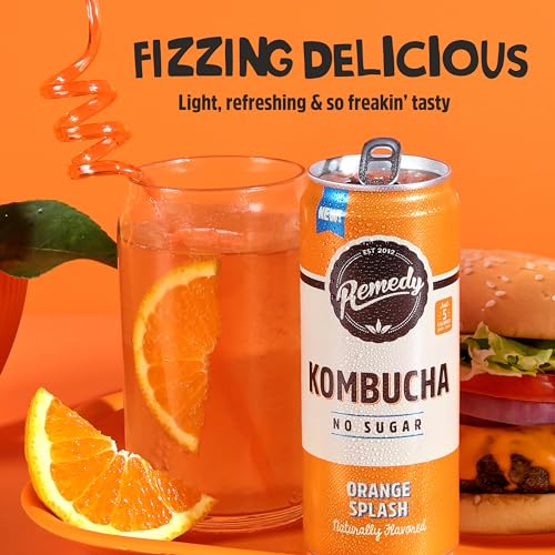 Remedy Kombucha Sugar Free Organic Drink, Low Calorie, Probiotic Like Tea for Gut Health - Orange Splash - 11.2 Fl Oz Can, 4-Pack - Thumbnail 4