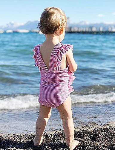 Baby Girl Swimsuit Ruffles One Piece Swimsuit Striped Beach Baby Girl Bathing Suit Bikini Infant Girl Swimwear Headband 2 Pcs Set 0-3T Pink #TOP2