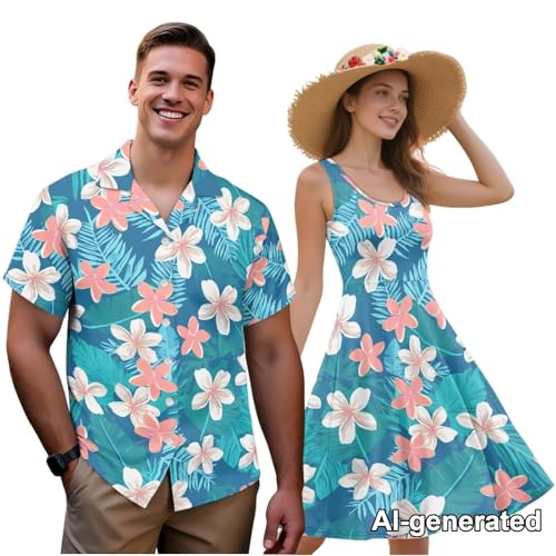 Image of Hawaii Matching Couple Outfits Husband and Wife Clothing Fashionable Mens Casual Shirts Hawaii Dress with Soft Fabric