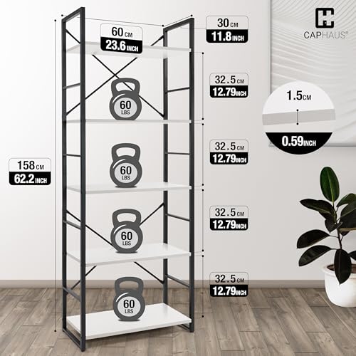 Image of CAPHAUS 5 Tier Bookshelf, 24 Inch Width Free Standing Shelf, Bookcase Shelf Storage Organizer, Industrial Book Shelves for Home Office, Living Room, Kitchen, White Shelves & Metal Frame