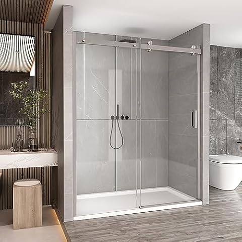 Sunrosa Semi-Frameless Glass Shower Door, 60" W x 76" H Single Sliding Shower Door, Shower Door with Tempered Glass 5/16"(8mm), Glass Shower Door in Brushed Nickel Cover