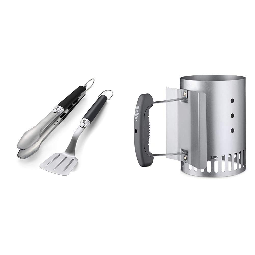 Weber 6645 - Set De 2 Utensilios De Acero Inoxidable - modelo pequeño + 7447 - Chimenea de encendido compacta Rapidfire