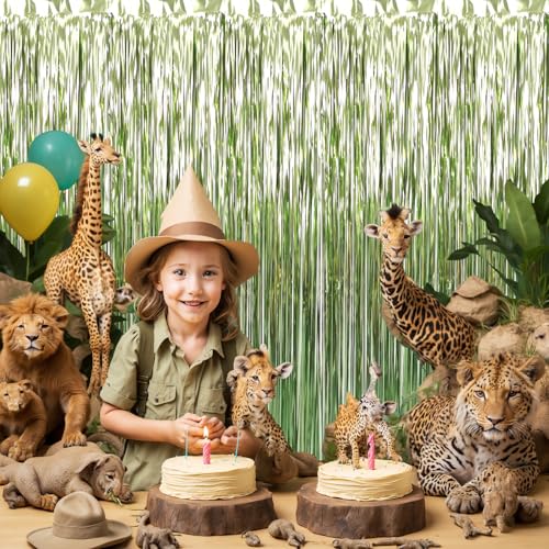 Image of GOER 2 x 3m Metallic Tinsel Fringe Curtains, Pack of 2, Streamer Backdrop for Birthday, Graduation Decoration and New Year's Eve (Light Green)