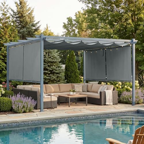 Aoodor 10 x 12 ft Outdoor Pergola with Retractable Shade Canopy, Grey