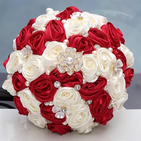 MaxxCloud 9.4‘’ Handmade Romantic Toss Bouquet for Bride Stunning Bridesmaid Brooch Wedding Bouquet with Jewelry Petals Wine Red and Ivory Cover