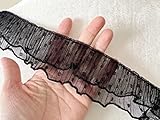 PEPPERLONELY 1 Yard 2-Layer Polka Dot Pleated Tulle Lace Chiffon Fabric Ribbon Fringe Elastic Ruffle Trim Dress Collar Cuffs DIY Sewing Material, 2 Inches Width, Black