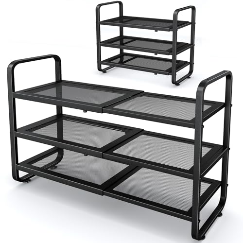 Image of SNTD Shoe Rack - Expandable Shoe Organizer for Closet, Adjustable Metal Shoe Shelf Storage, Stackable Long Shoe Stand Holder for Garage, Entryway, Door Entrance (Black, 3-Tier)