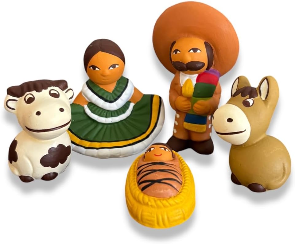 Zoeartcrafts 5Pcs Small Mexican Nativity Set 3" Tall, Christmas Indoor Decoration, Religious Handmade Christmas Ornaments with Nativity Scene