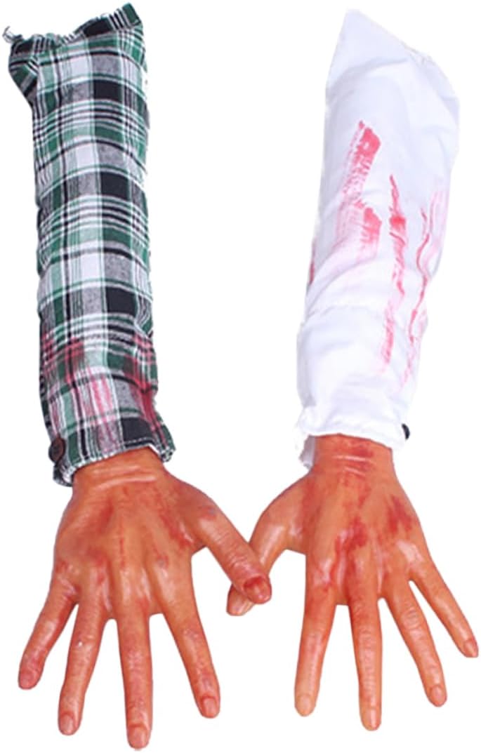 VICASKY 2pcs Scary Fake Hands for Halloween Pranks Realistic Broken Body Parts Props for Haunted Houses and Cloth Decoration Bloodstains for Parties and Festivals