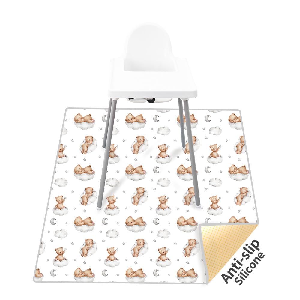 Treer Splash Mat for Under Highchair, 43" Baby Splat Mat Waterproof Anti Slip High Chair Spill Mat, Cartoon Print Easy Clean Washable Weaning Mess Play Mat Tablecloth Picnic Mat (Cloud Bear)