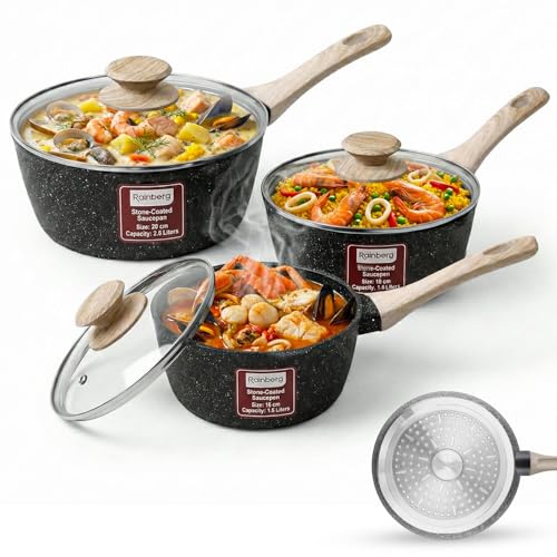 Rainberg Saucepan with Lid Nonstick Milk Pan Suitable with Induction Gas and Electric Hobs Cooking Pot with Pour Spout. (Black 3PK 16-18 & 20cm)