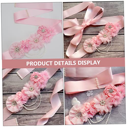 Pink Maternity Wedding Dress Belt with Pearl Rhinestone Flower Design Bridal Waistband for Shower Party Gown Accessories3