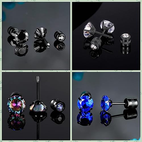 4 Pairs Black Screw Back Of Earrings Cubic Zirconia Studs For Women Men 20G Can Wear Double Side Surgical Stainless Steel Hypoallergenic Jewelry (4 Pairs Black 6Mm) #TOP2