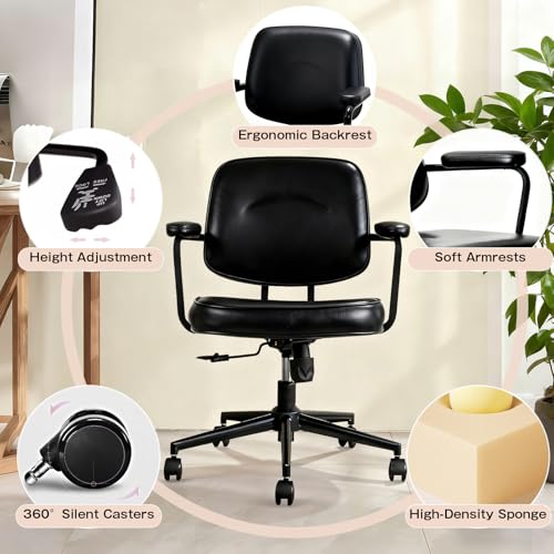 Image of Home Office Chair, Ergonomic Desk Chair with Lumbar Support, Adjustable Height Rolling Swivel Task Chair with Armrests, PU Leather, for Meeting,Study Room Black