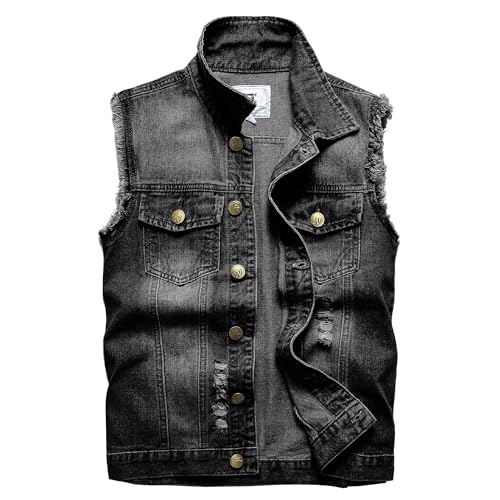 Ginsiom Mens Denim Vest Sleeveless Jacket Slim Fit Vintage Casual Ripped Summer Jean Vest for Men(818Grey XL)