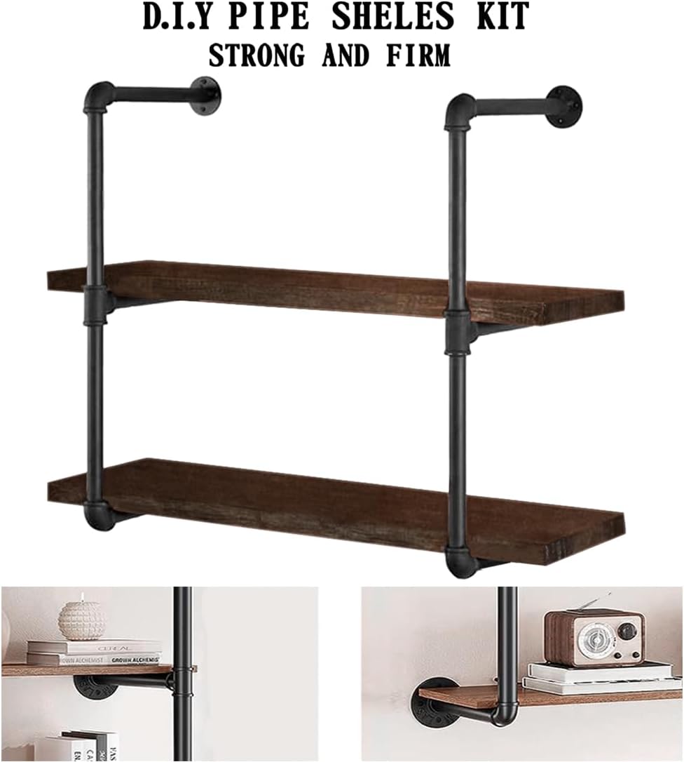 HITOMEN Industrial Iron Pipe Shelves, 2 Set 3-Tier, 28" Tall, 12" Depth, DIY Open Bookshelf Bookcase, Wall Mounted Vintage Retro Shelving, Rustic Farmhouse Pantry Kitchen Storage, Black Shelf Brackets image 5