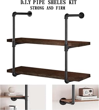 HITOMEN Industrial Iron Pipe Shelves, 2 Set 3-Tier, 28 Tall, 12 Depth, DIY Open Bookshelf Bookcase, Wall Mounted Vintage Retro Shelving, Rustic Farmhouse Pantry Kitchen Storage, Black Shelf Brackets