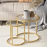 HEYZOEY Round Nesting Coffee Tables, Removable Set of 2 End Table, Glass Top Nesting Tables with Gold Metal Frame for Living Room, Bedroom, Office, Balcony, Apartment, Lustrous Gold